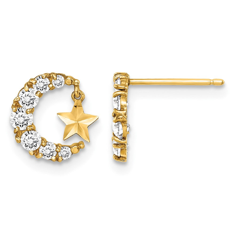 14k Madi K CZ Crescent Moon with D/C Star Dangle Post Earrings