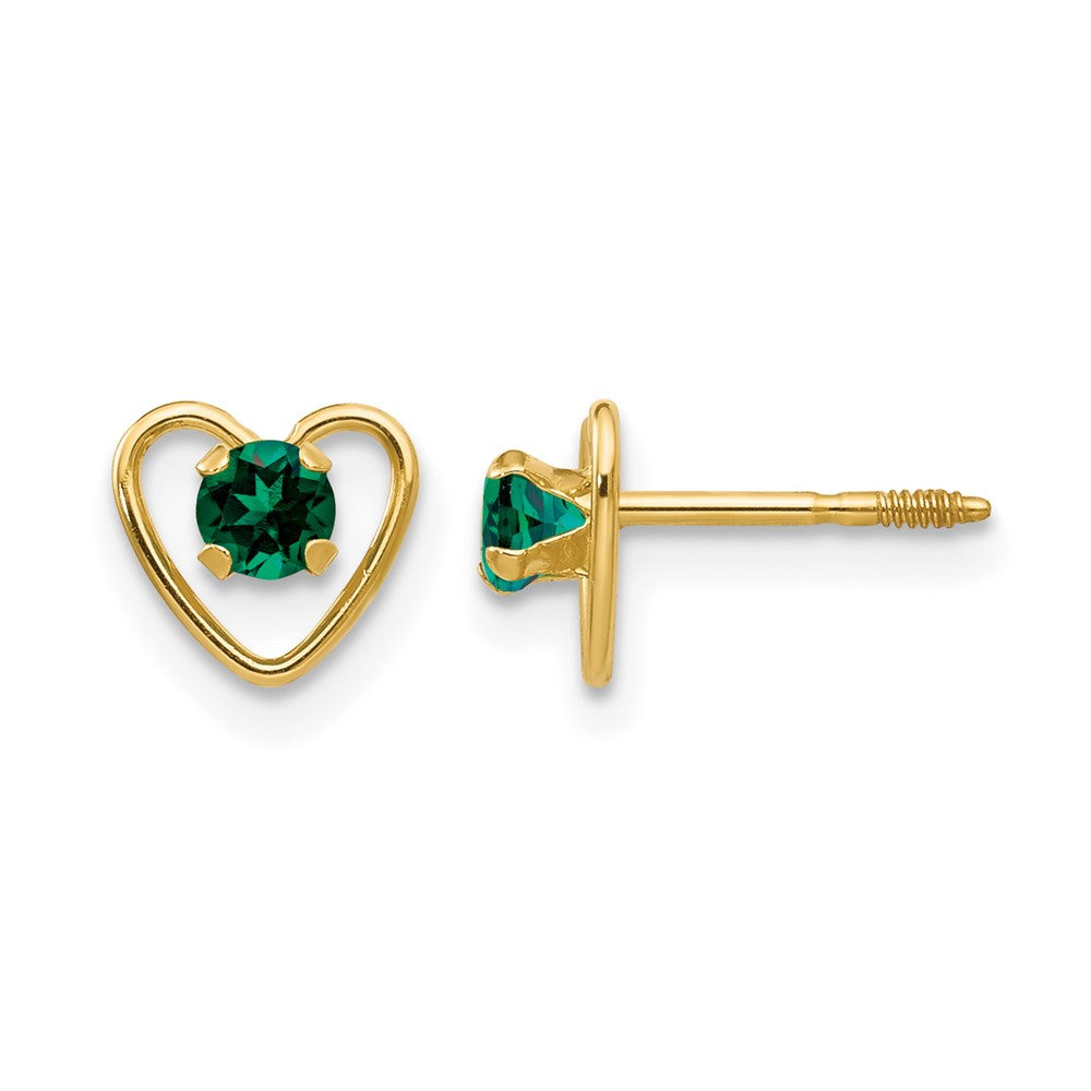 14k Madi K 3mm Created Emerald Birthstone Heart Earrings