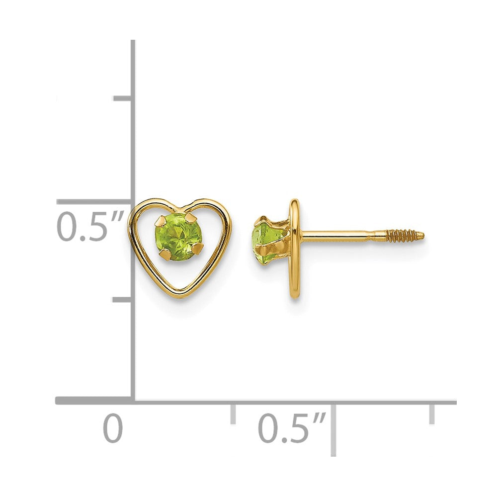 14k Madi K 3mm Genuine Peridot Birthstone Heart Earrings