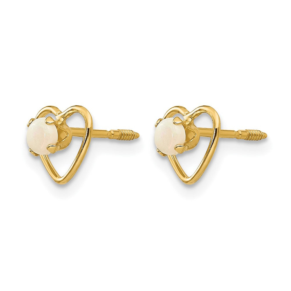 14k Madi K 3mm Imitation Opal Birthstone Heart Earrings