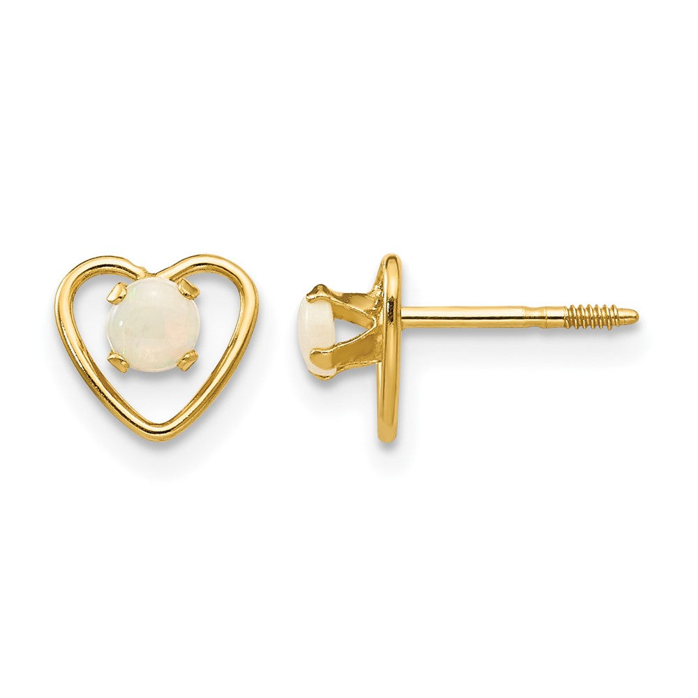 14k Madi K 3mm Imitation Opal Birthstone Heart Earrings