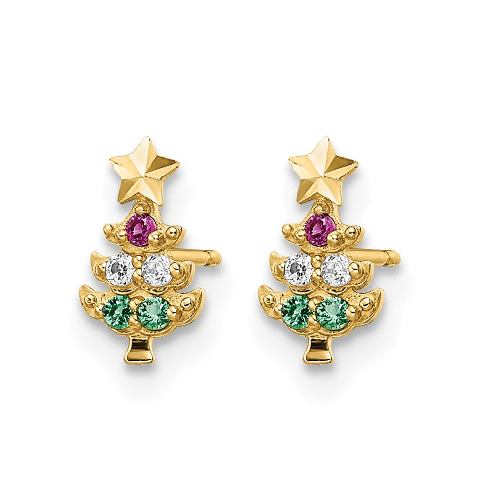 14k Madi K Red & Clear CZ & Green Glass Christmas Tree Post Earrings