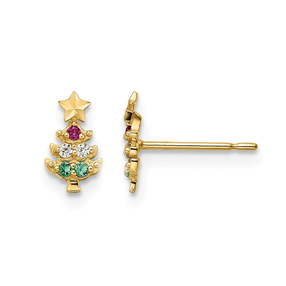 14k Madi K Red & Clear CZ & Green Glass Christmas Tree Post Earrings