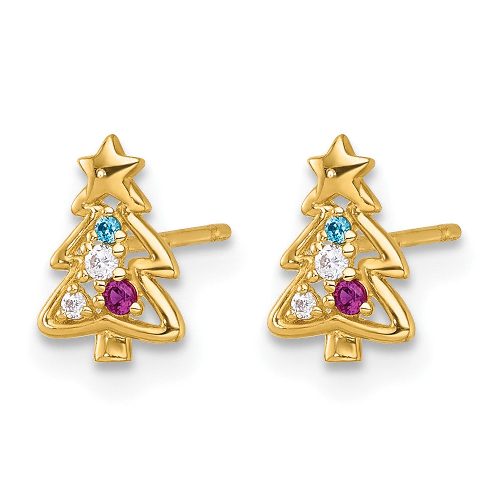 14k Madi K Polished Green Glass Red and CZ Christmas Tree Post earrings