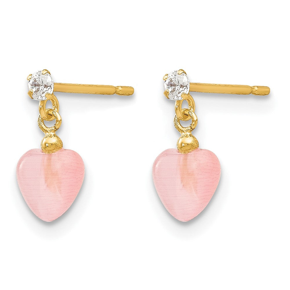 14k Madi K CZ and Pink Cat's Eye Heart Dangle Post Earrings