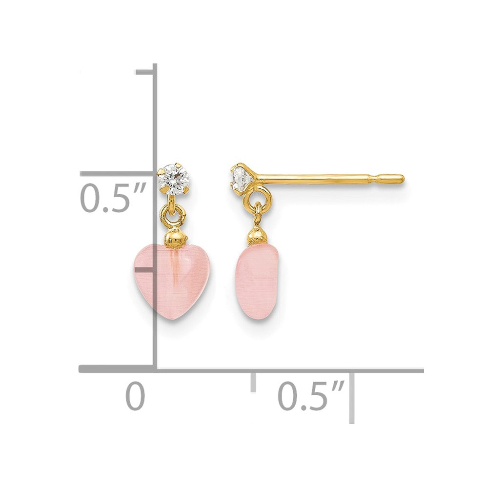 14k Madi K CZ and Pink Cat's Eye Heart Dangle Post Earrings