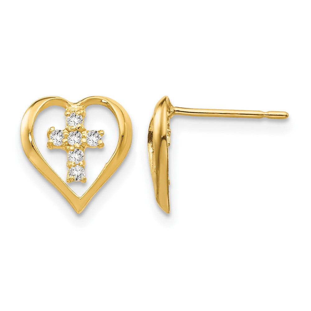 14k Madi K CZ Children's Heart Cross Post Earrings