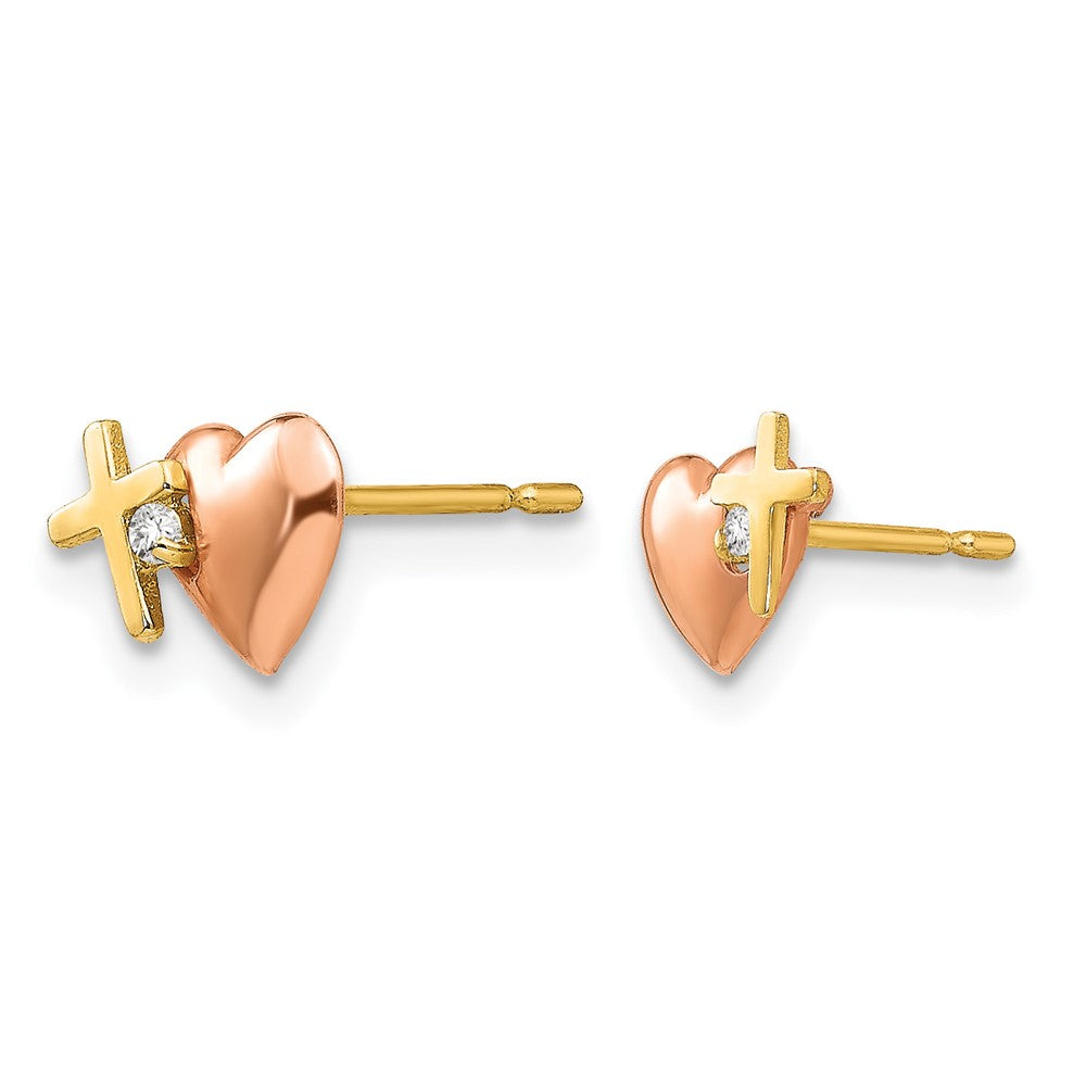 14k Yellow & Rose Gold Madi K CZ Heart and Cross Post Earrings