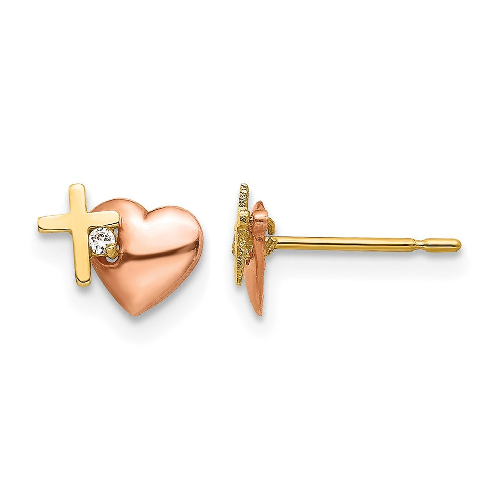 14k Yellow & Rose Gold Madi K CZ Heart and Cross Post Earrings