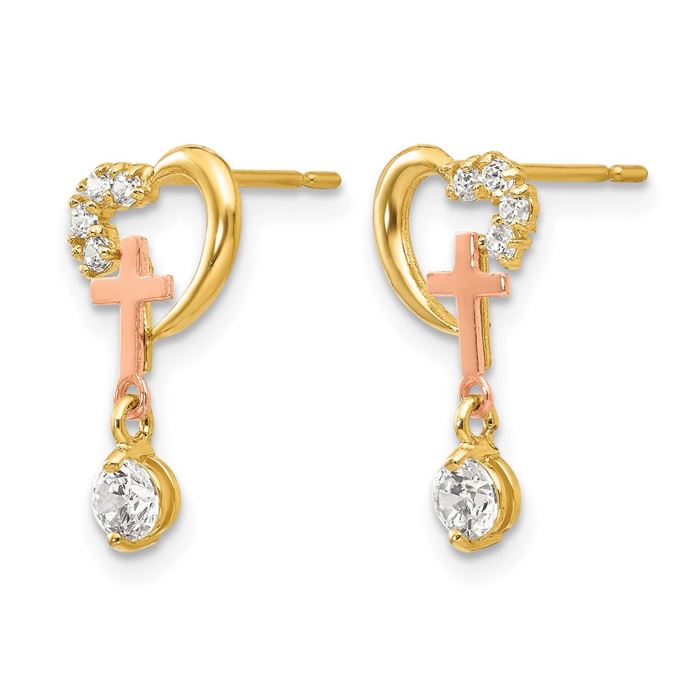 14k Madi K Two-tone CZ Children's Cross & Heart Post Earrings