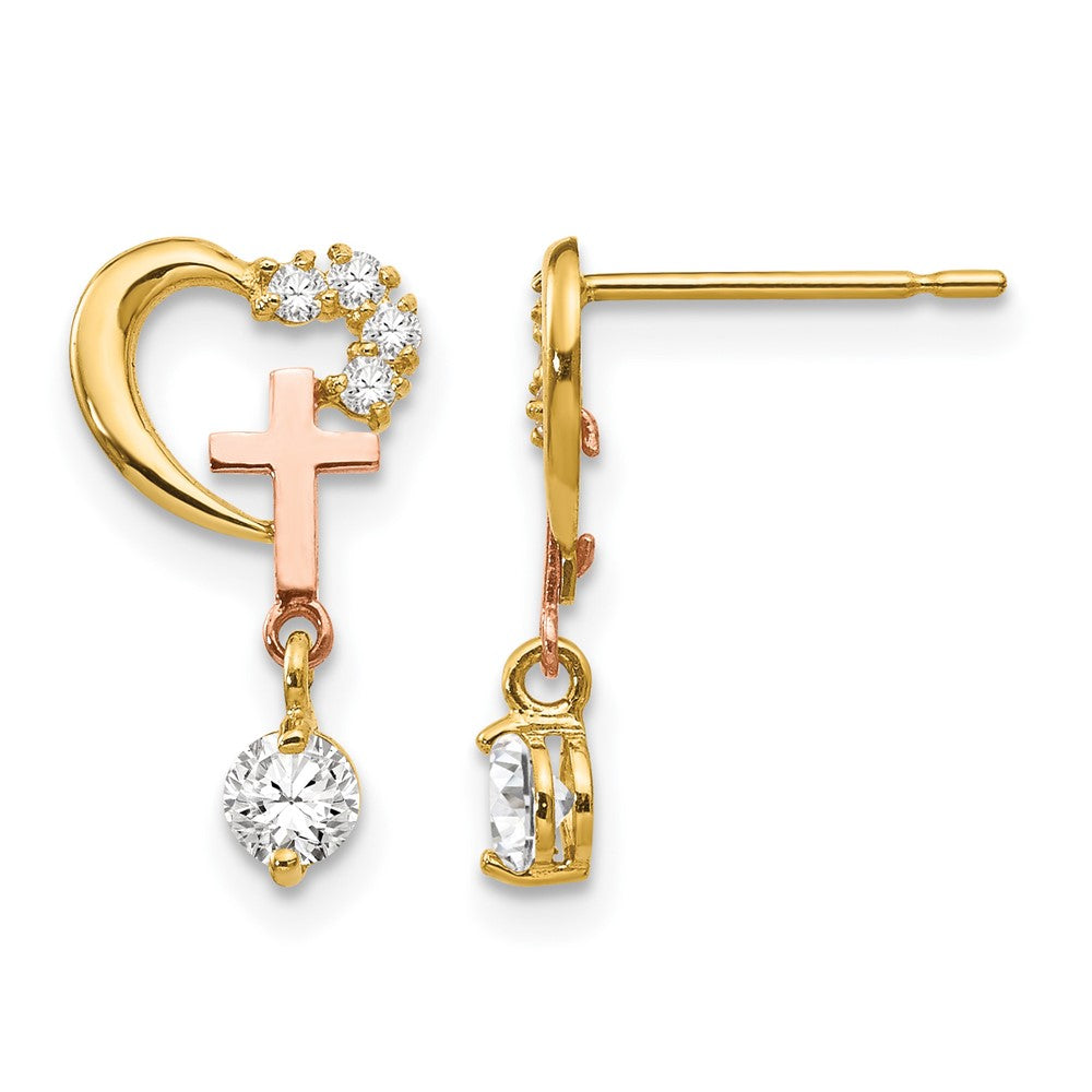 14k Madi K Two-tone CZ Children's Cross & Heart Post Earrings