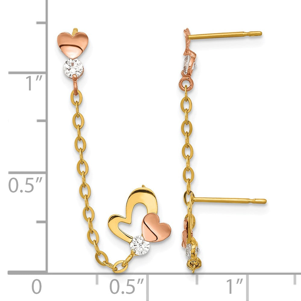 14k Madi K Two-tone CZ Double Post w/Chain Heart Earring