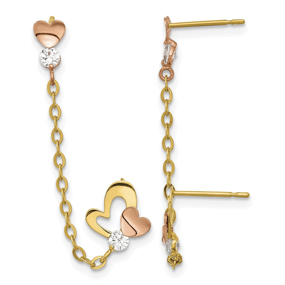 14k Madi K Two-tone CZ Double Post w/Chain Heart Earring
