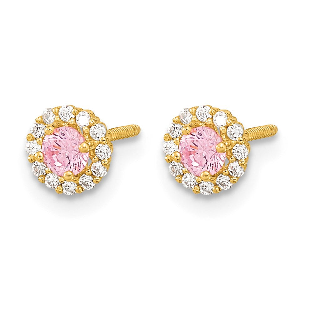 14k Madi K Polished Pink and Clear CZ Screwback Post Earrings
