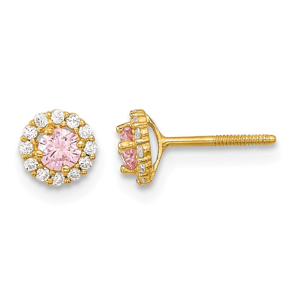 14k Madi K Polished Pink and Clear CZ Screwback Post Earrings