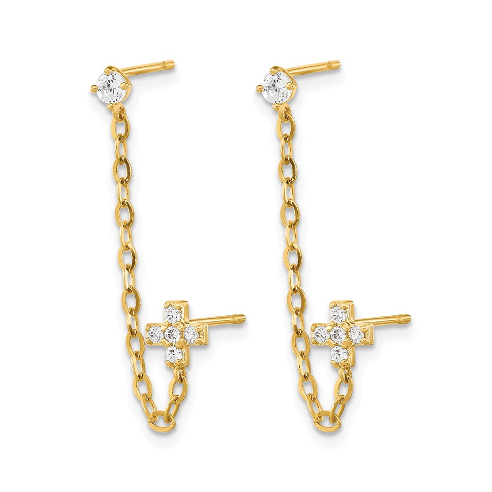 14k Madi K Double Post w/Chain CZ Cross Earring (single)