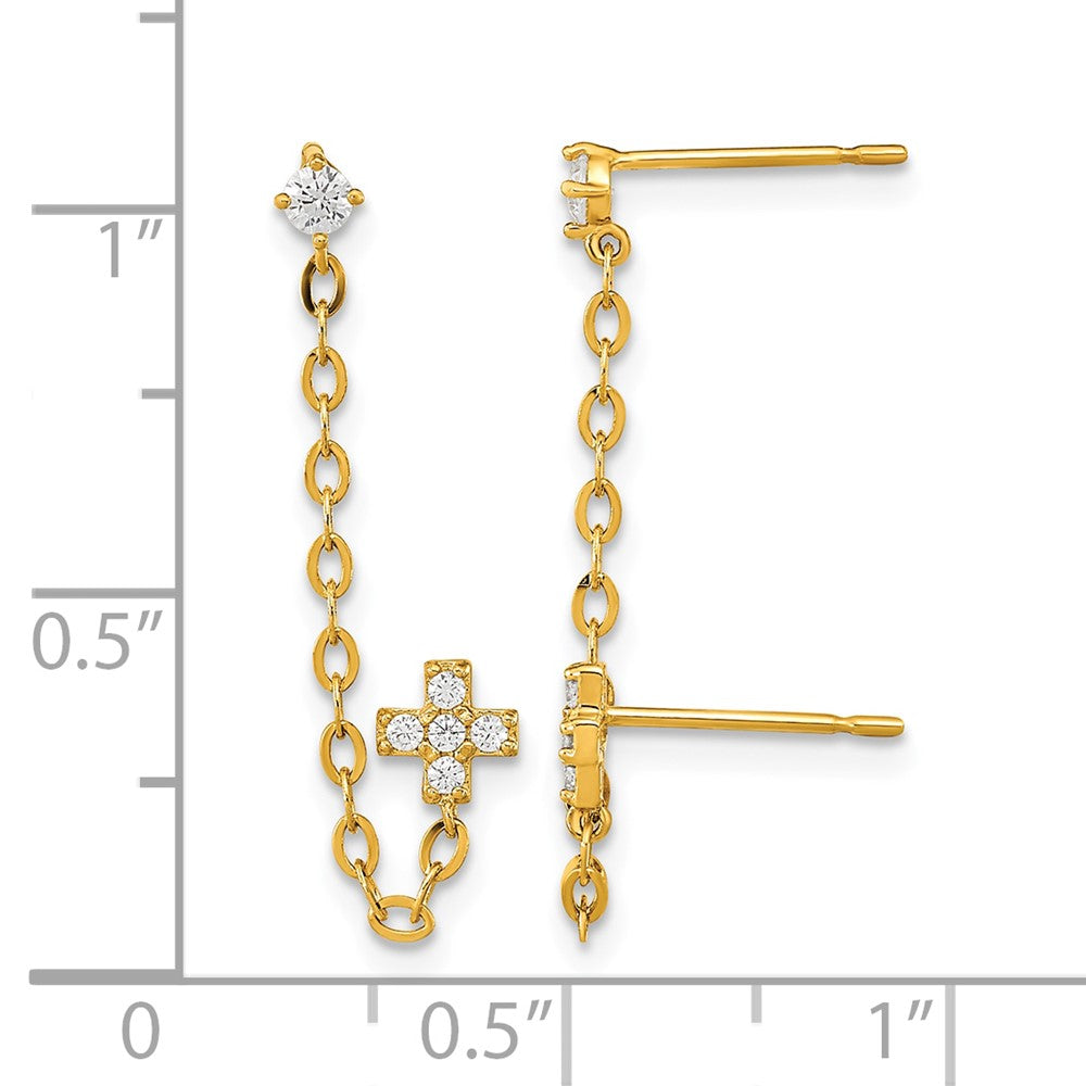 14k Madi K Double Post w/Chain CZ Cross Earring (single)