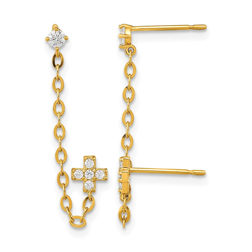 14k Madi K Double Post w/Chain CZ Cross Earring (single)