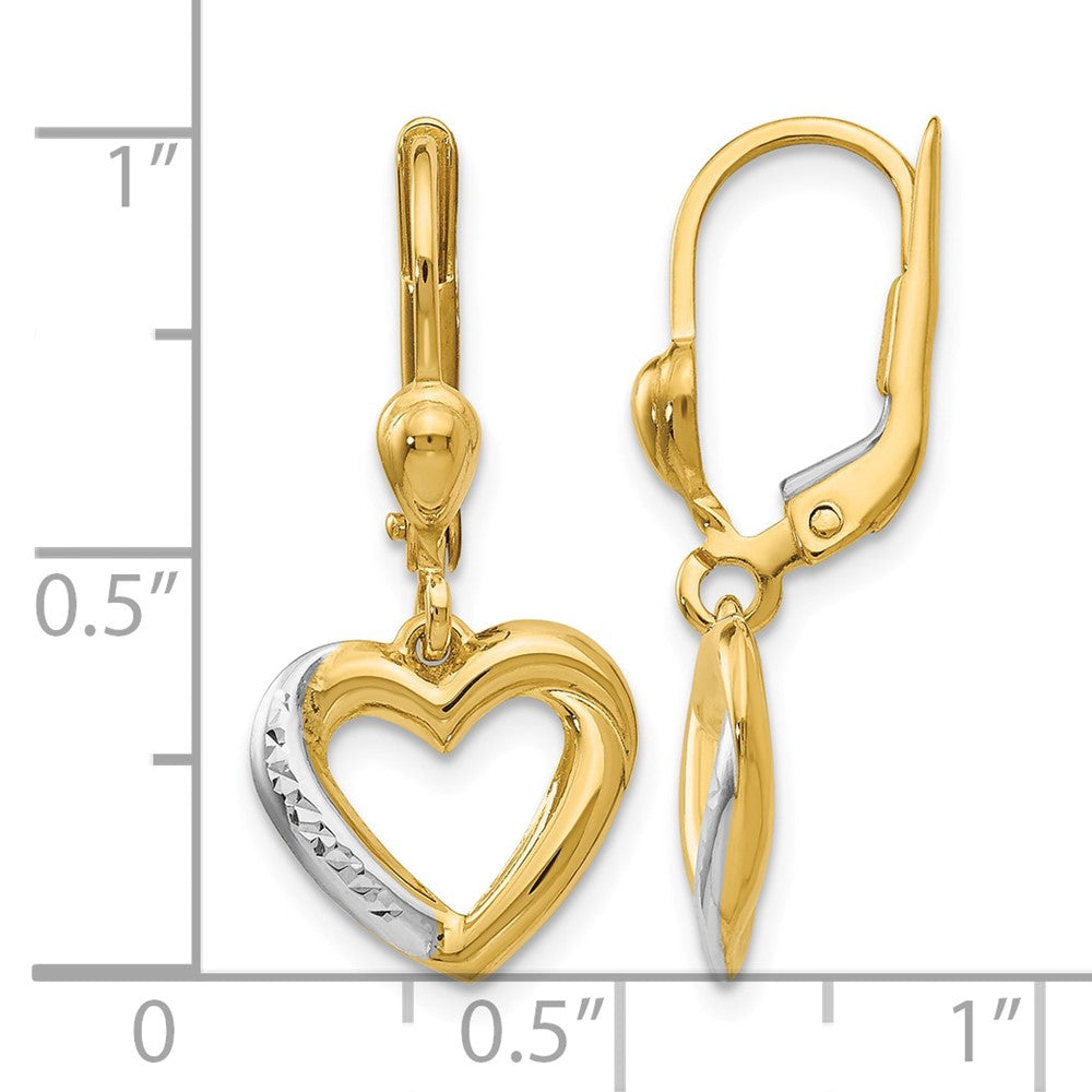 14K and Rhodium Textured and Polished Heart Leverback Earring