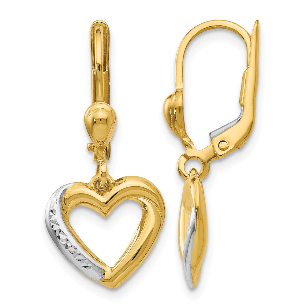 14K and Rhodium Textured and Polished Heart Leverback Earring