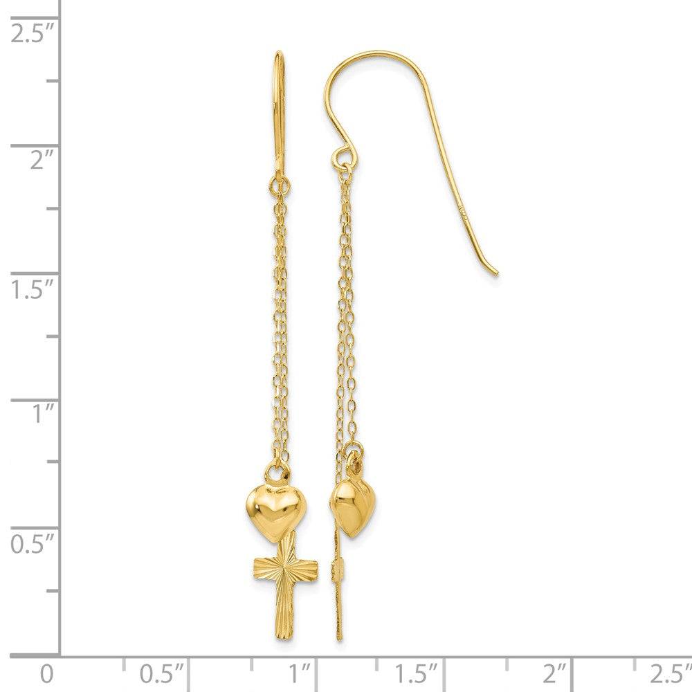14K Ropa Chain Puffed Heart and Diamond Cut Cross Dangle Earrings
