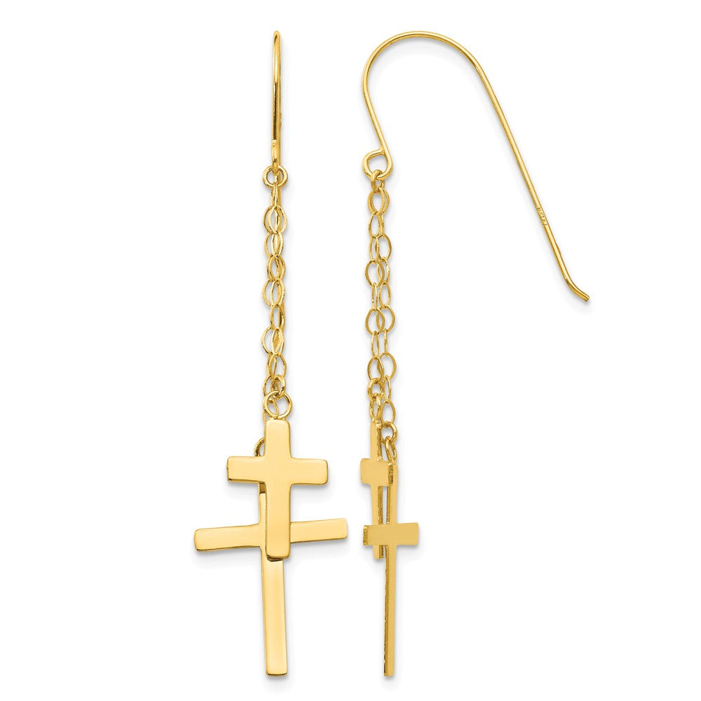 14K Chain Dangle Cross Shepherd Hook Earrings