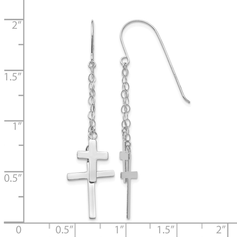 14K White Gold Chain Dangle Cross Shepherd Hook Earrings