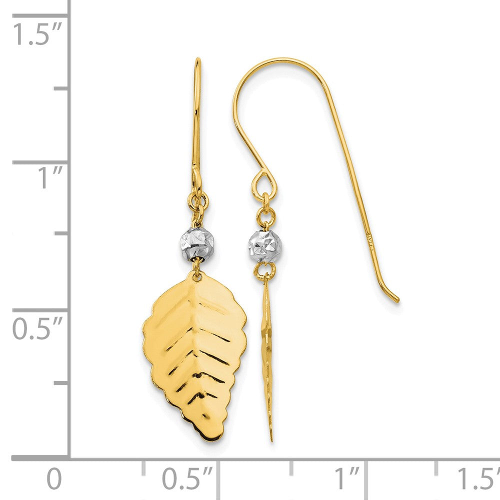 14K Two Tone Stamped Leaf Shepherd Hook Earrings