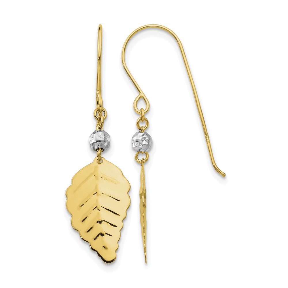 14K Two Tone Stamped Leaf Shepherd Hook Earrings