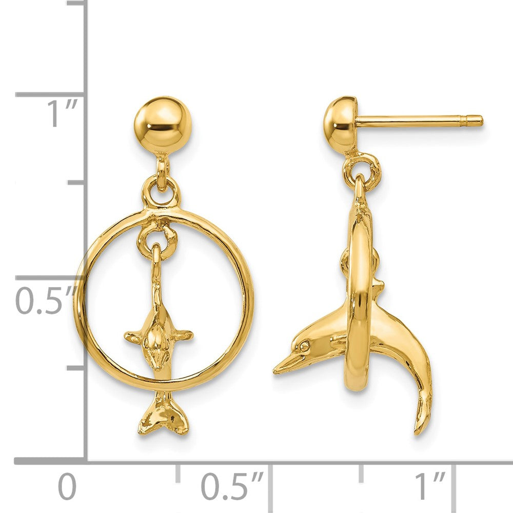 14K Polished 3-D Dolphin Jumping Through Hoop Dangle Earrings