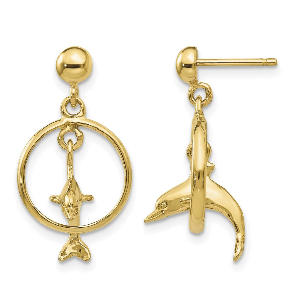 14K Polished 3-D Dolphin Jumping Through Hoop Dangle Earrings