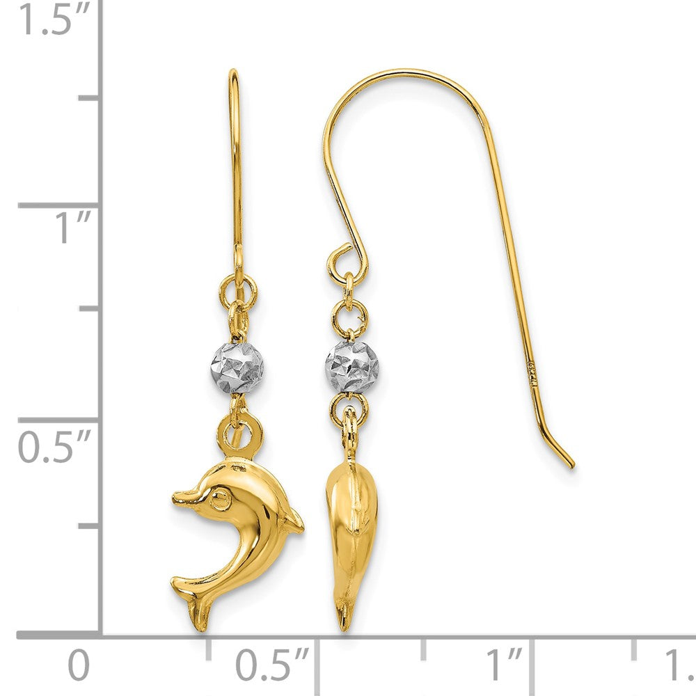 14K Two Toned Puffed Dolphin Shepherd Hook Earrings