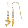 14K Two Toned Puffed Dolphin Shepherd Hook Earrings