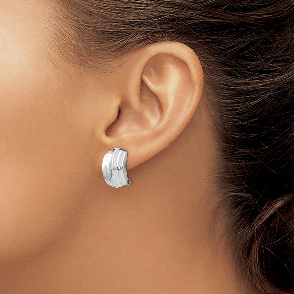 14k White Gold Polished Ribbed Non-pierced Omega Back Earrings