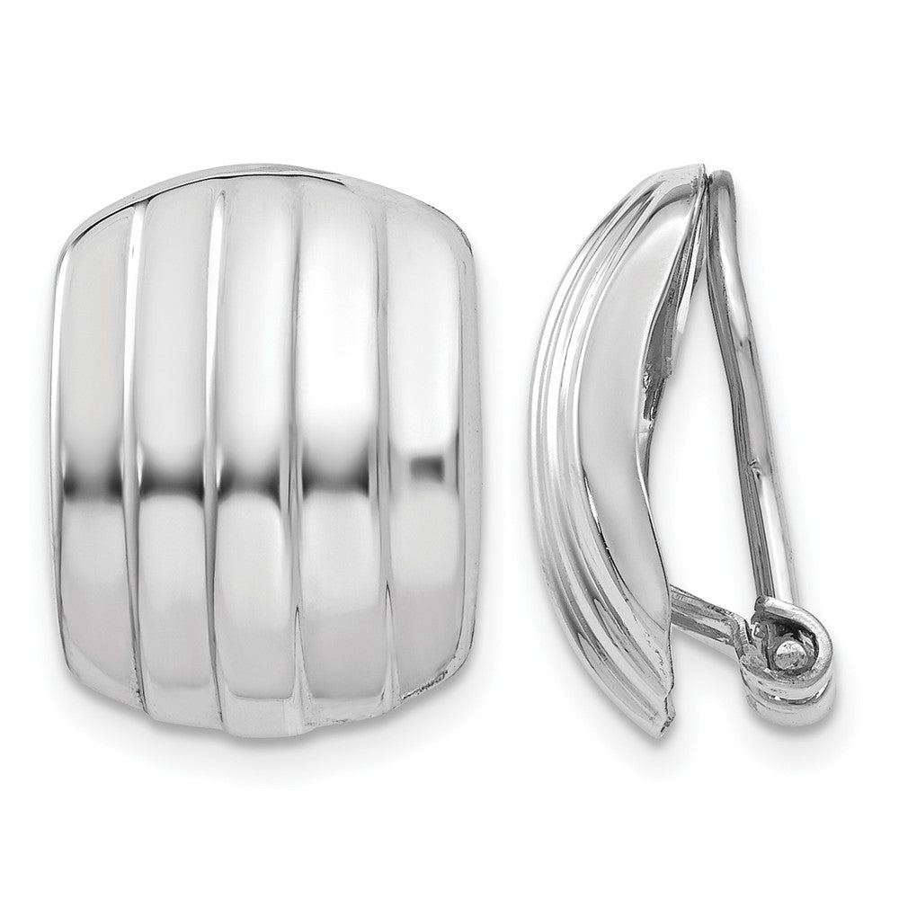 14k White Gold Polished Ribbed Non-pierced Omega Back Earrings