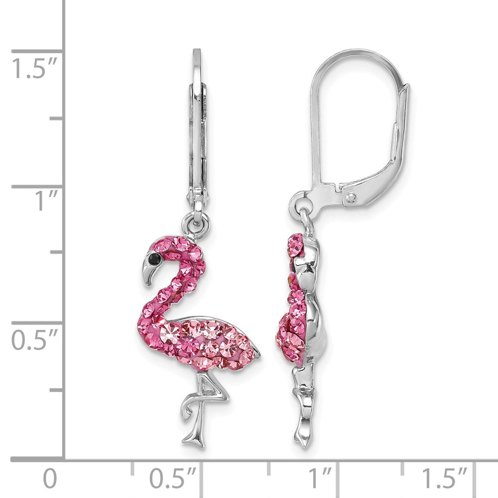 Sterling Silver Rhodium-plated Pink Crystal Flamingo Leverback Earrings
