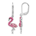 Sterling Silver Rhodium-plated Pink Crystal Flamingo Leverback Earrings