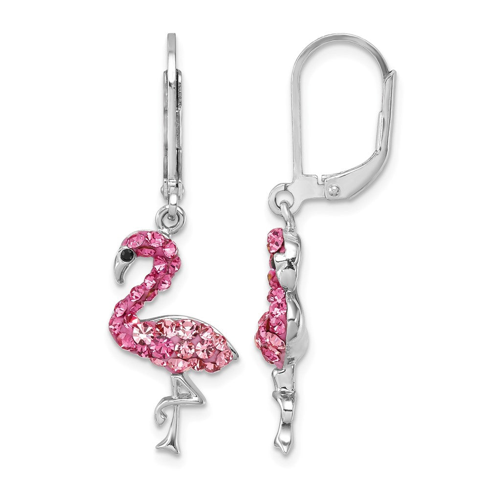 Sterling Silver Rhodium-plated Pink Crystal Flamingo Leverback Earrings