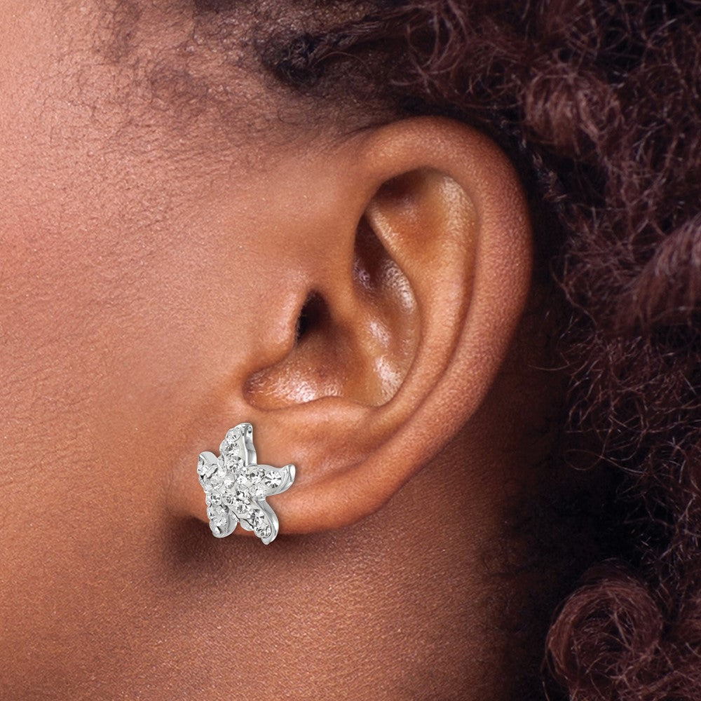 Sterling Silver Rhodium-plated White Crystal Starfish Post Earrings
