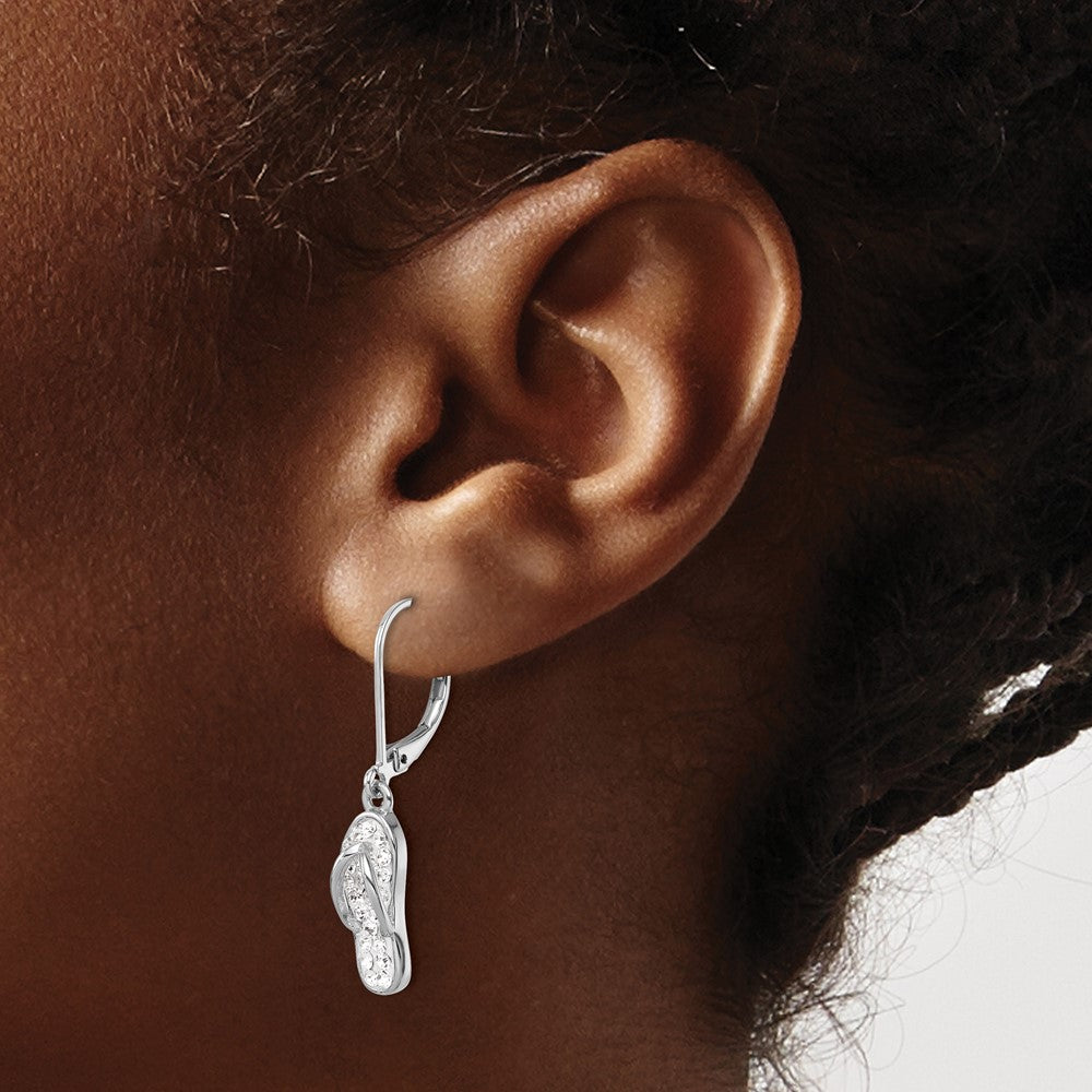 Sterling Silver Rh-plated Polished White Crystal Flip Flop Dangle Earrings