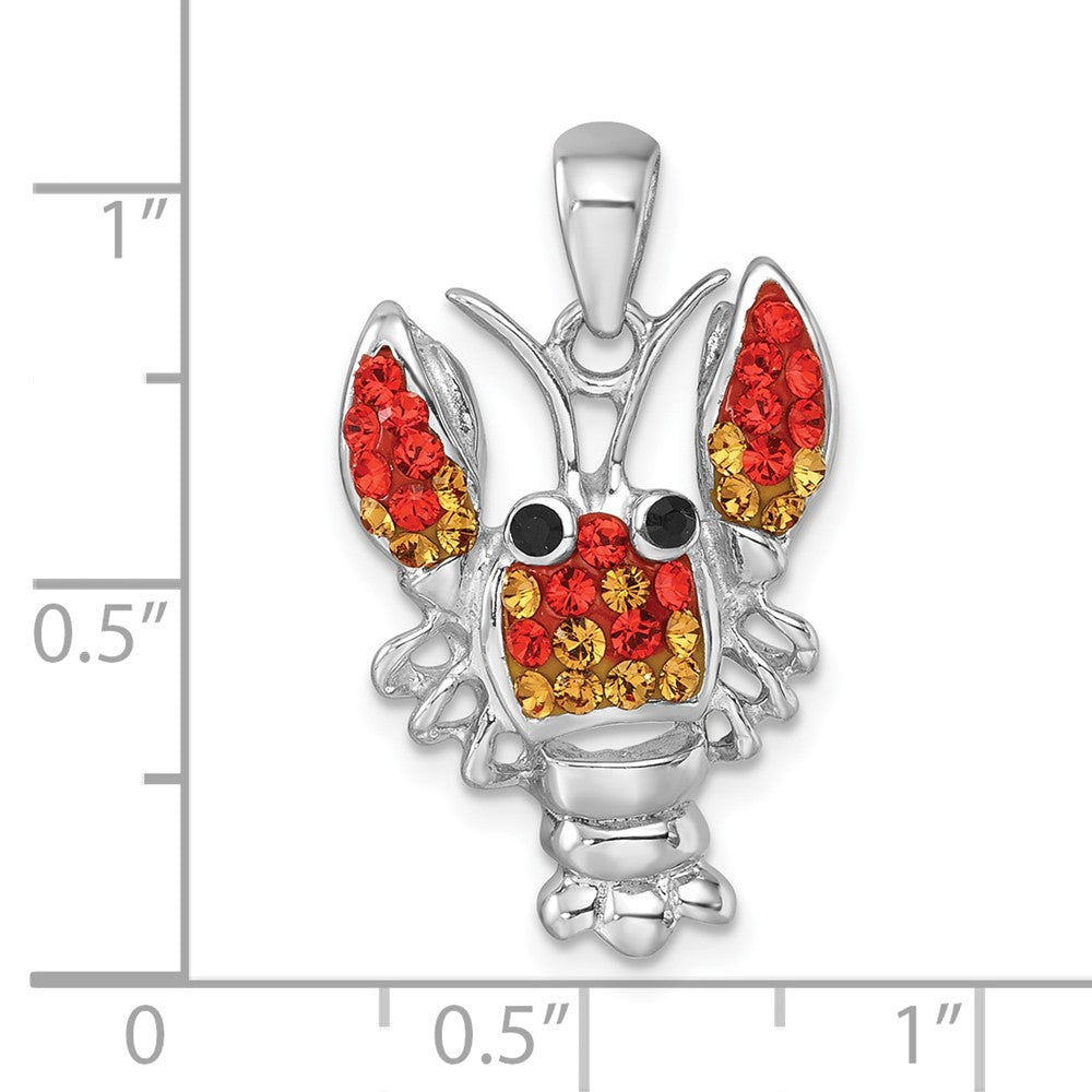 Sterling Silver Rhodium-plated Polished Orange Crystal Lobster Pendant