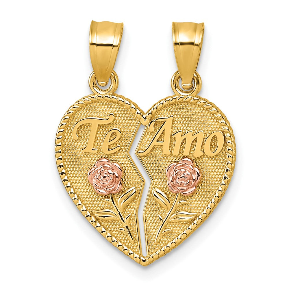 14k Two-tone Break Apart Heart With Te Amo And Roses Pendant
