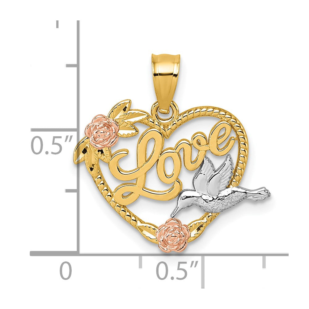 14k Two-tone & White Rhodium Polish Love Floral And Bird Heart Pendant