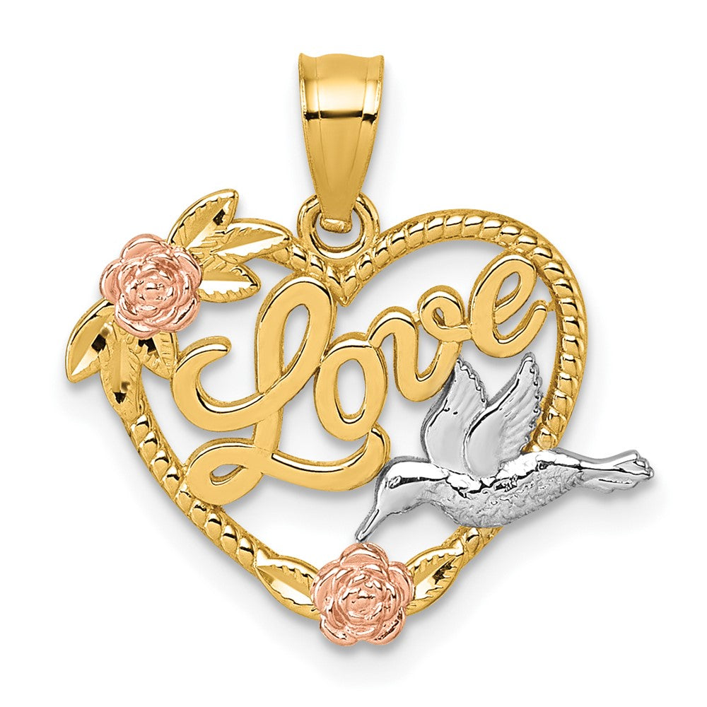 14k Two-tone & White Rhodium Polish Love Floral And Bird Heart Pendant