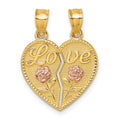 14k Two-tone Break Apart Heart With Love And Roses Pendant