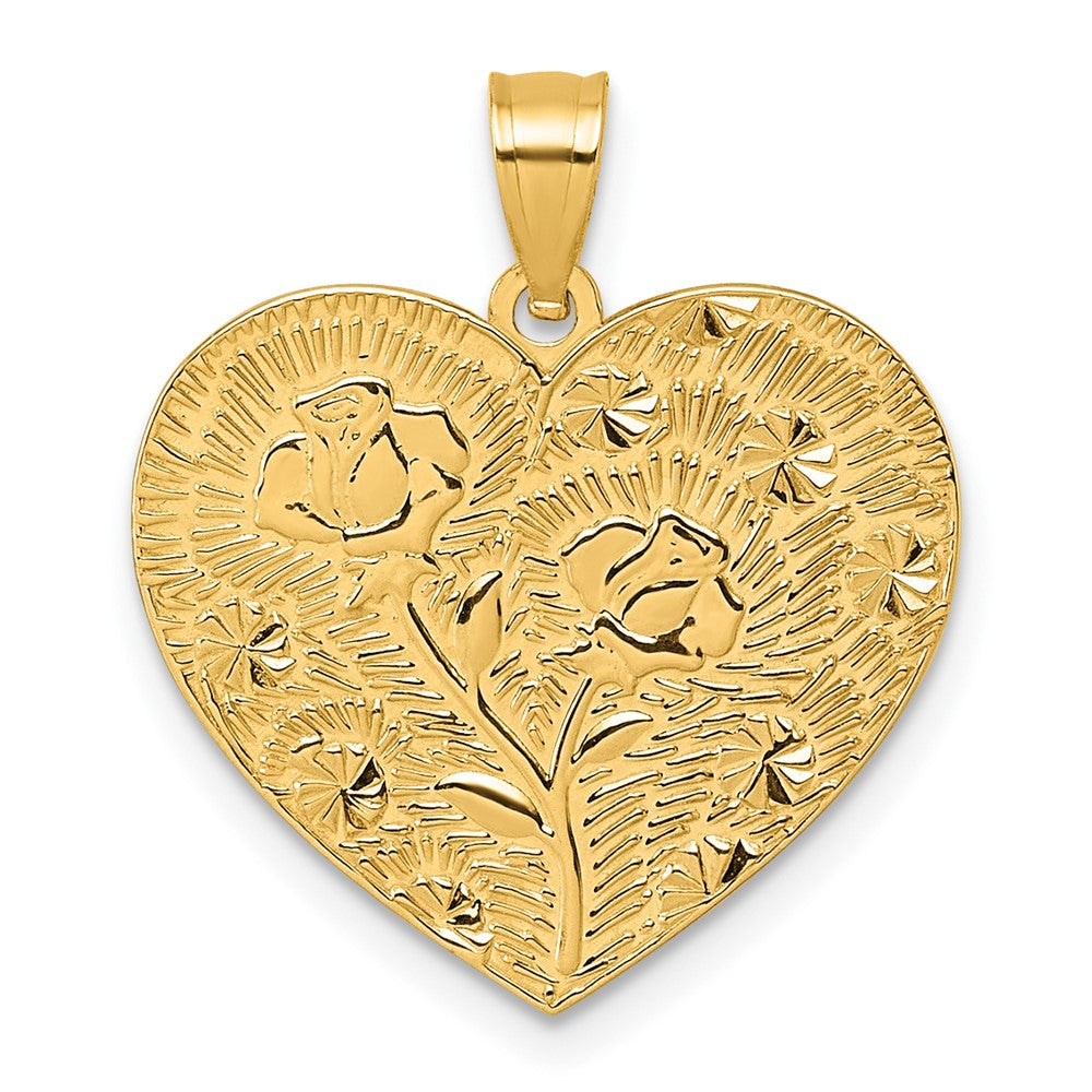 14k Polished and Textured Flower Rose Mother's Love Heart Pendant