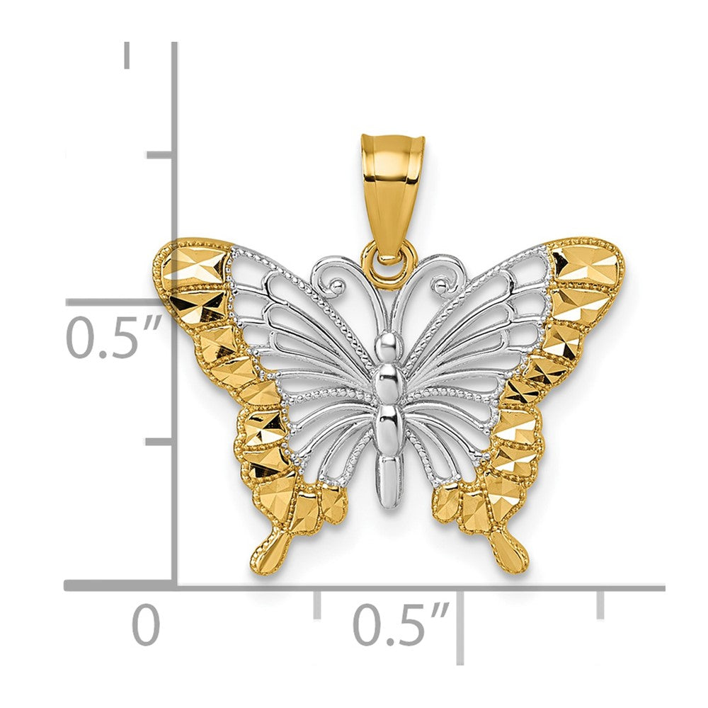 14k & Rhodium Diamond Cut Polished Butterfly Pendant