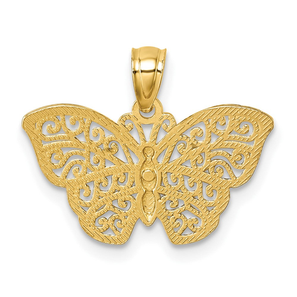 14k Polished w/Rhodium Diamond-cut Filigree Butterfly Pendant