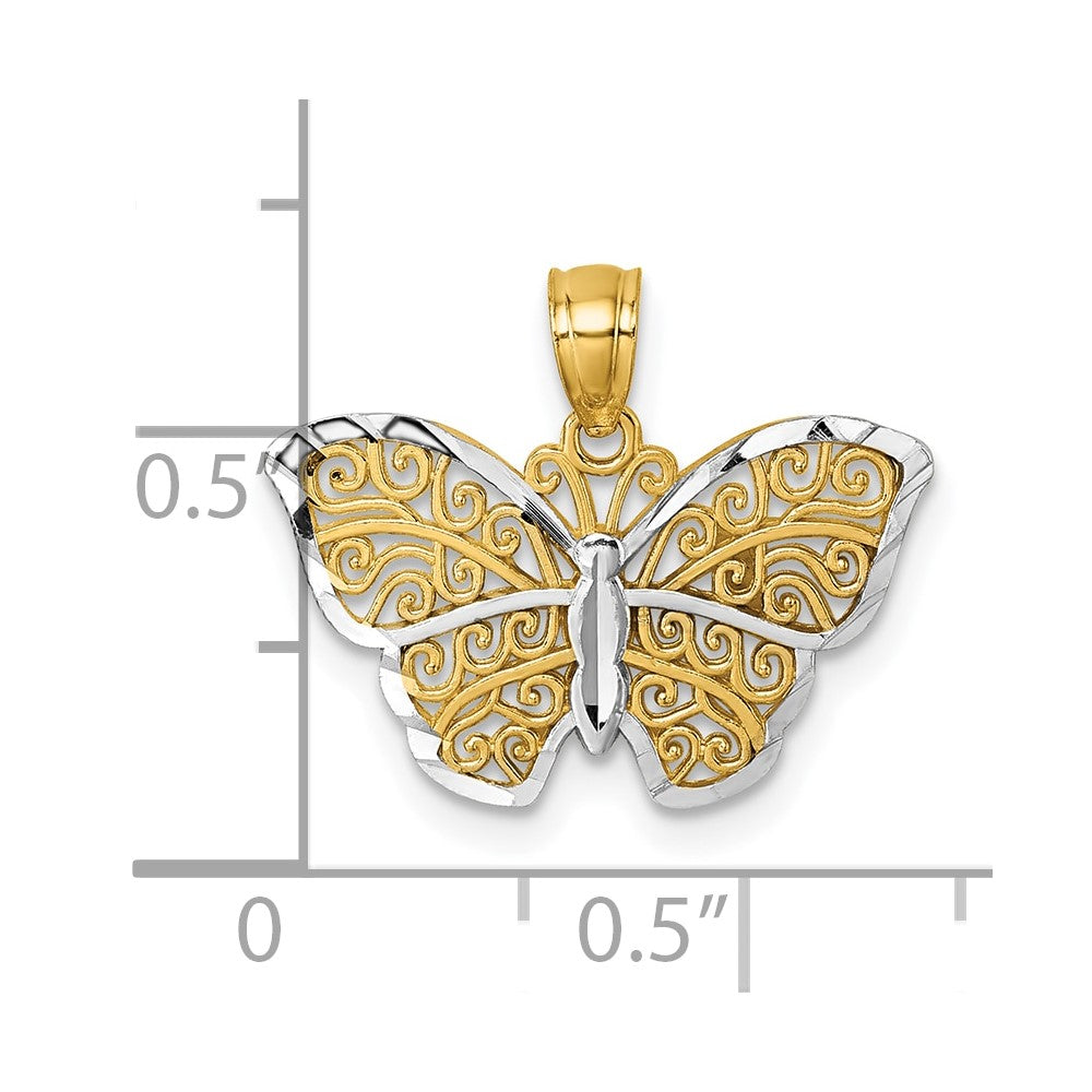 14k Polished w/Rhodium Diamond-cut Filigree Butterfly Pendant