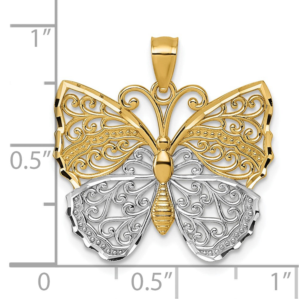 14k & Rhodium Textured Fancy Butterfly Pendant